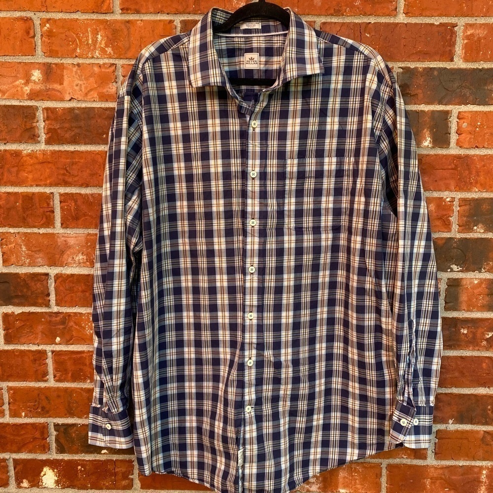 Peter Millar Mens XL Green Blue Plaid Long Sleeve Collar Shirt